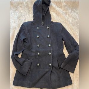 Women's Double Breasted Wool Blend
Hooded Black  Pea Coat by London Fog